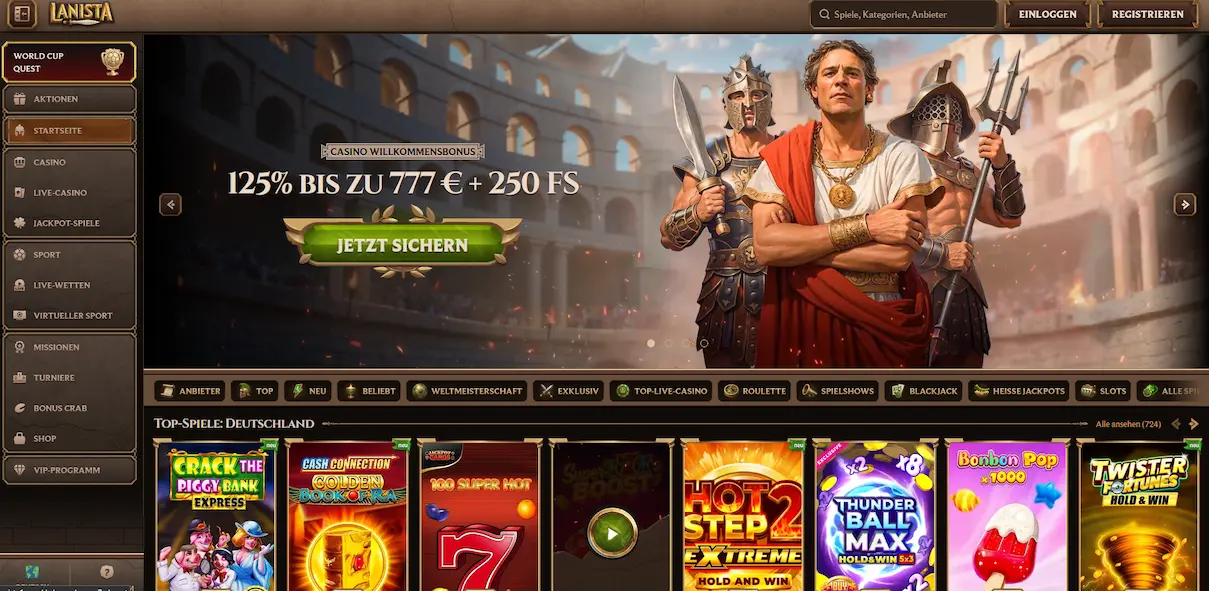 Spielhalle von Lanista Casino mit Slots und Top-Kategorien
