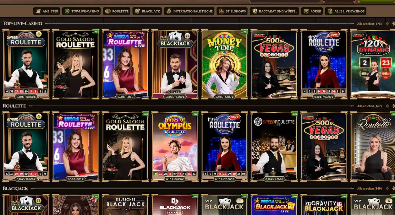 Live-Casino-Bereich von Lanista mit Tischen von Evolution Gaming