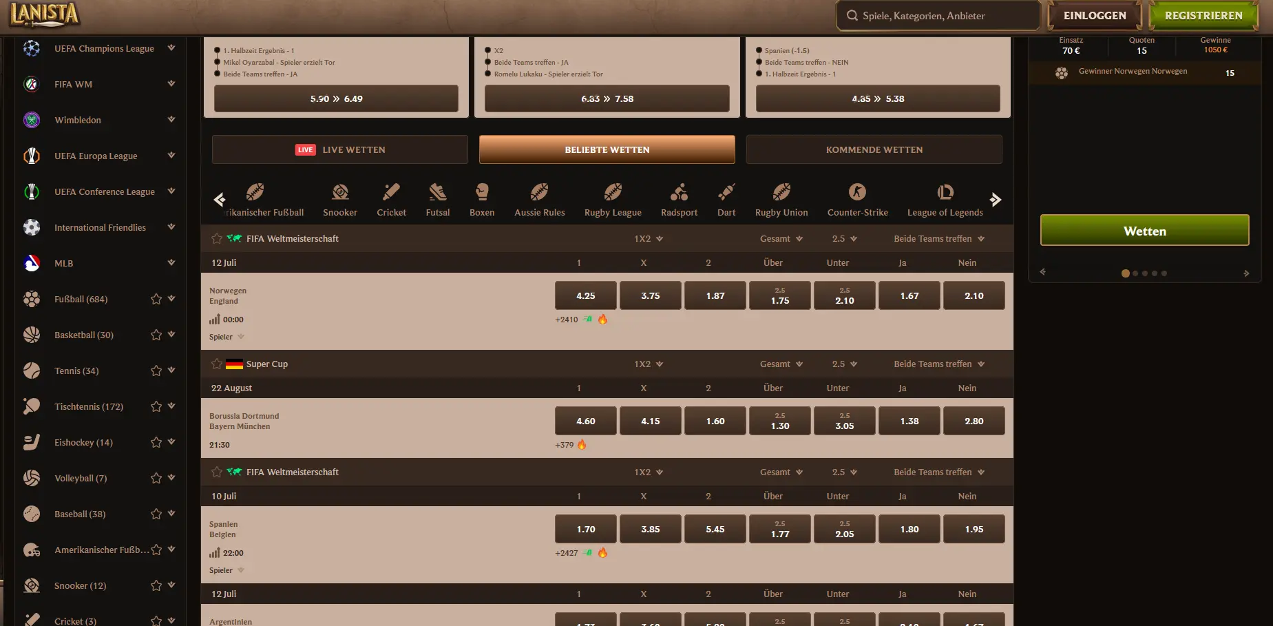 Sportwetten-Bereich von Lanista mit Live-Quoten